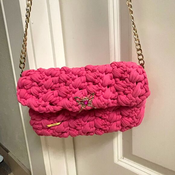 Handmade Women's Pink Crochet Gold Chain Shoulder Purse Clutch Strap Bag - Picture 2 of 10